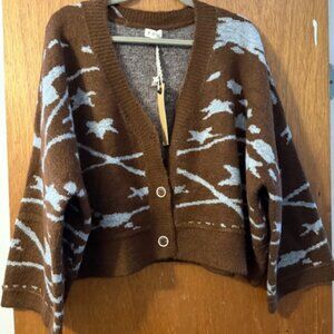 POL 3 Button Knit Sweater in Chocolate and gray star pattern Size S *Oversized
